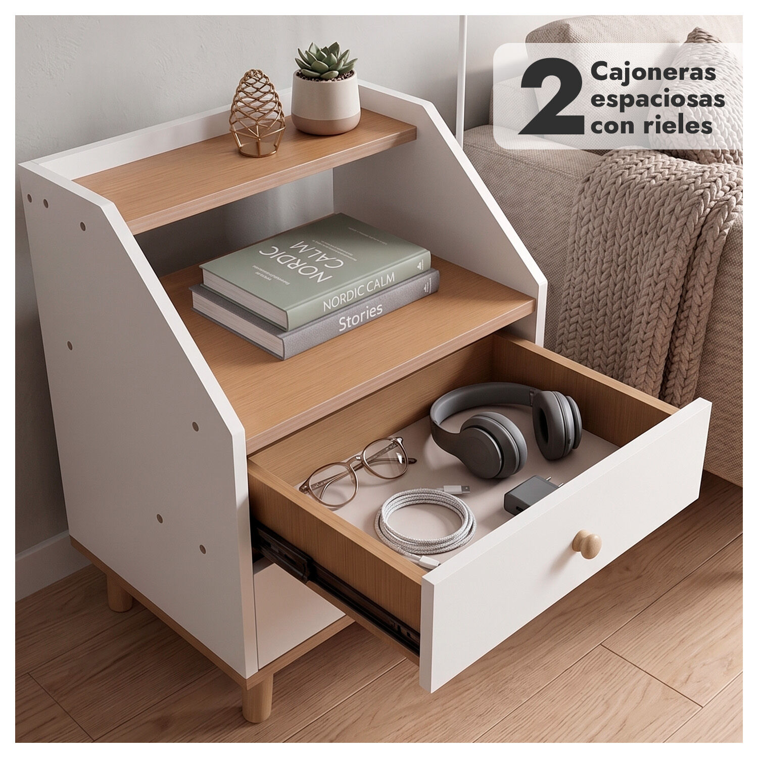 Velador De Madera Con 2 Cajones Y Doble Repisa 53x40x30 Cm image number 2.0