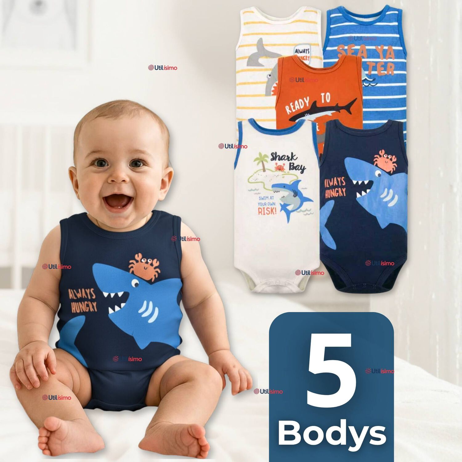 Pack 5 Bodys Ni&ntilde;o Sin Manga Tedmimak 100% Algod&oacute;n Baby Shark image number 0.0