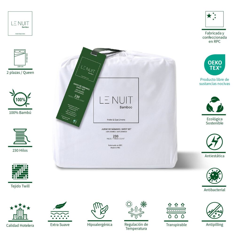 S&aacute;banas 2 Plazas 100% Bamb&uacute; 230 Hilos Essentials Liso Bco Le Nuit image number 1.0