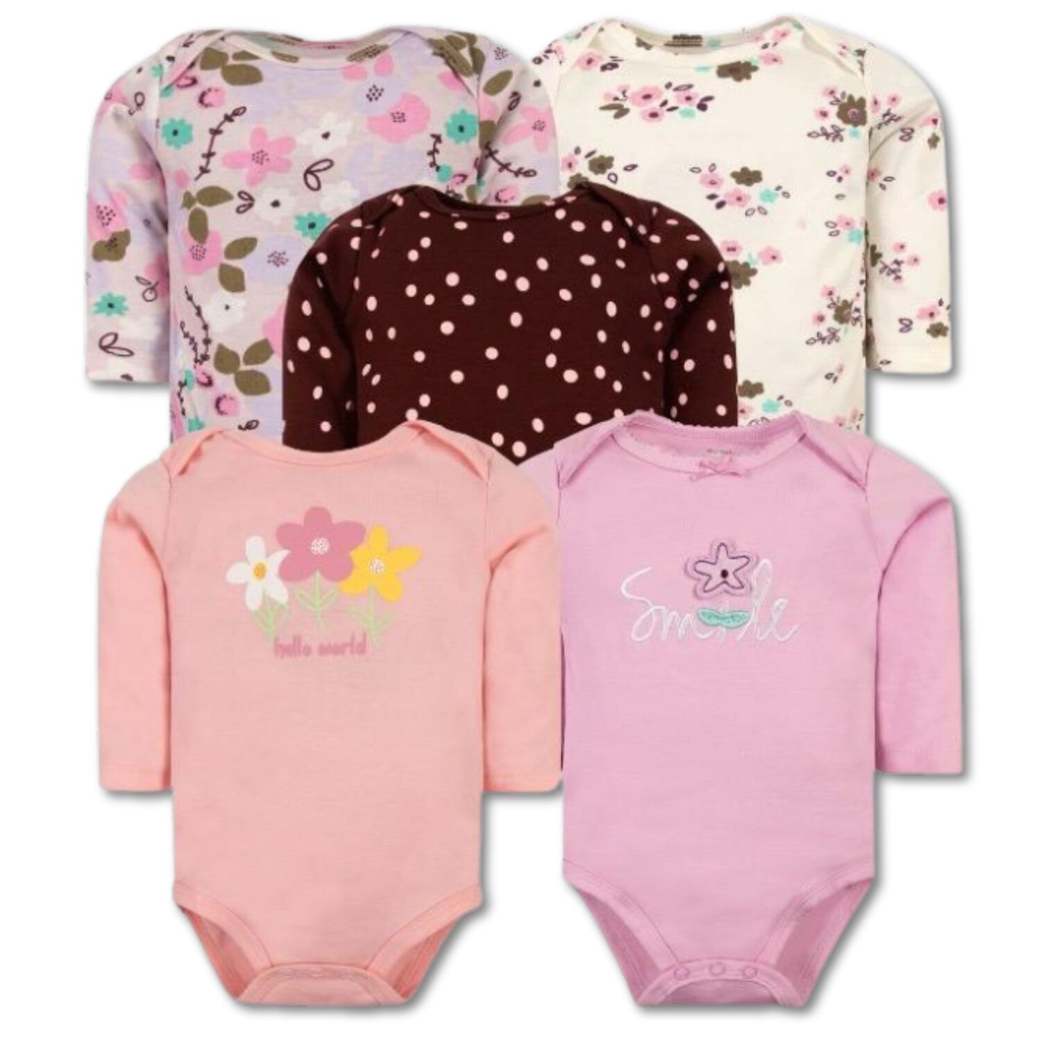 Pack 5 Bodys Ni&ntilde;a Manga Larga Tedmimak 100% Algod&oacute;n Petal & Flowers image number 0.0