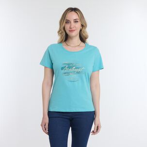 Polera Lisa Con Estampado Frontal Manga Corta Cuello Redondo Mujer Geeps