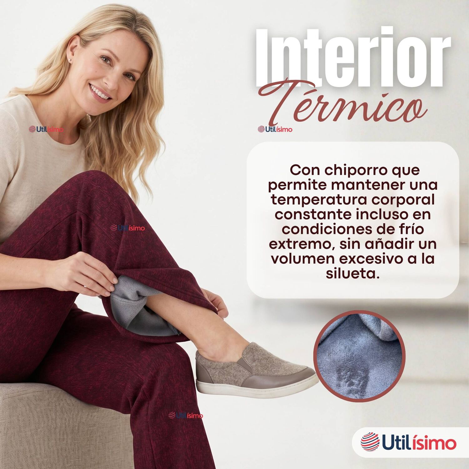 Pantal&oacute;n Polar Con Chiporro Palazzo Mujer Elasticada T&eacute;rmica Burdeo Jeans image number 6.0