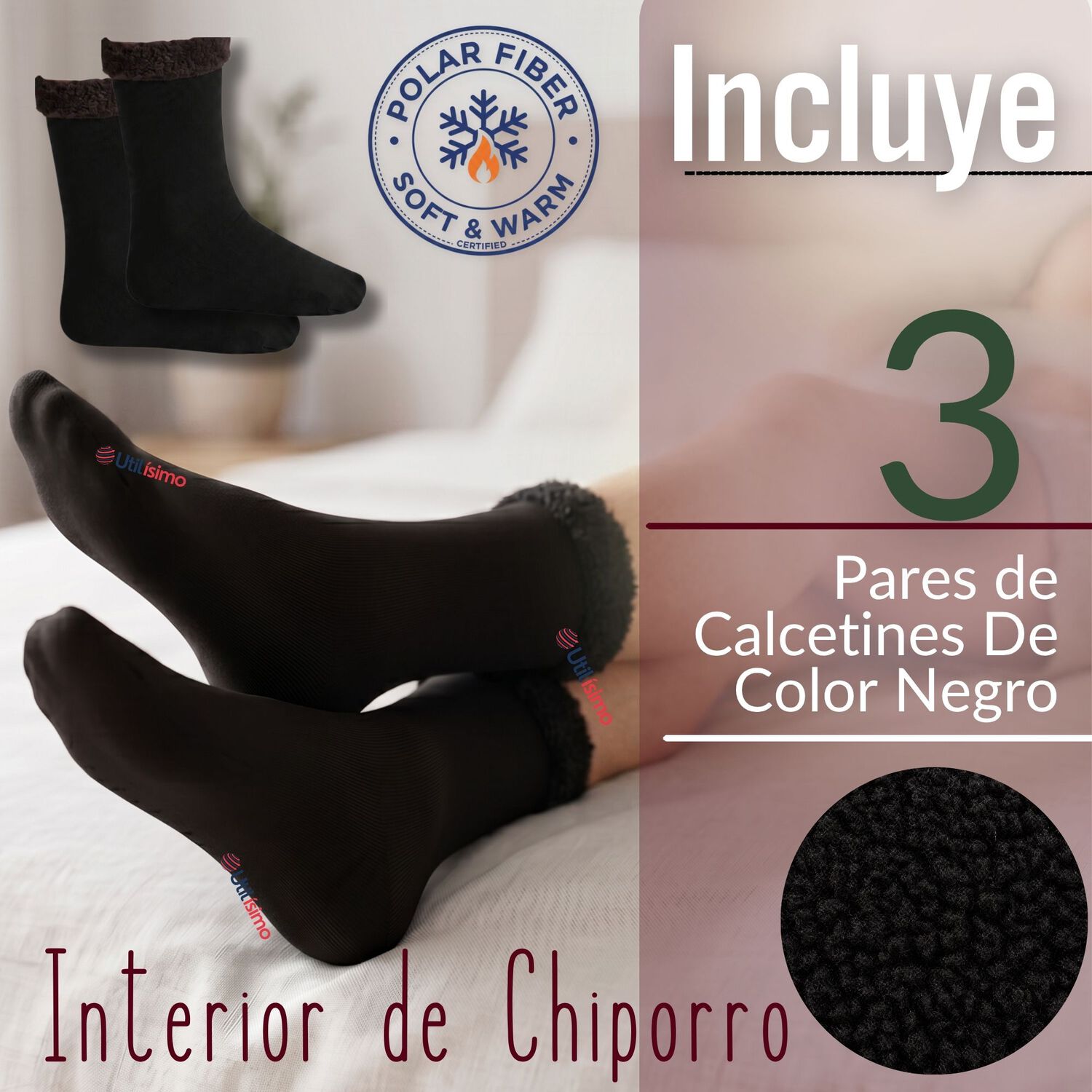 Pack 3 Pares Calcetines Chiporro Mujer Ultra T&eacute;rmico Negro Invierno Polar image number 1.0