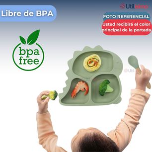 Set De Alimentaci&oacute;n Beb&eacute; Silicona 5 Piezas Dinosaurio Libre Bpa Color Azul