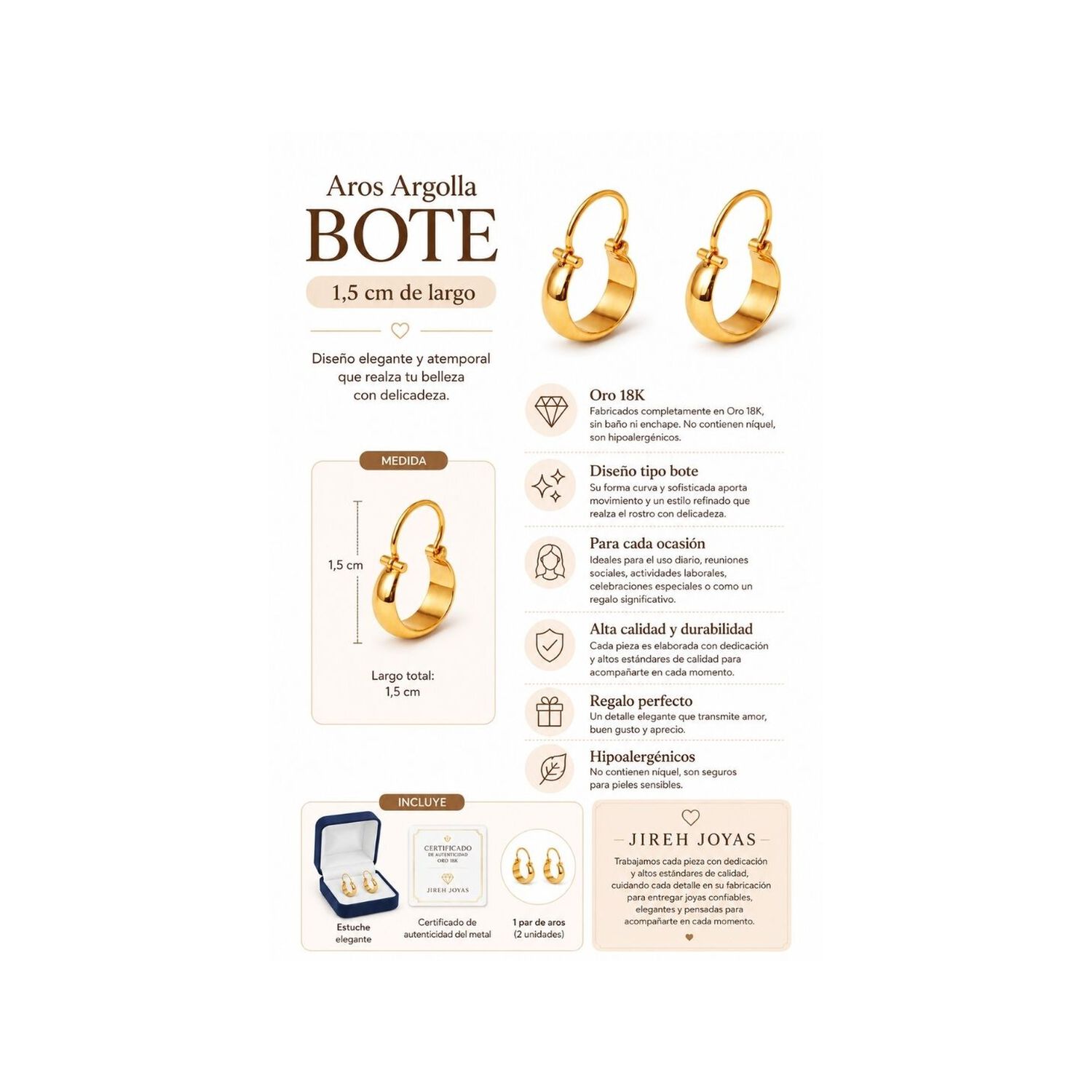 Aros Argolla Bote 1,5cm Largo N1 Oro 18k 1.50gr Mujer Regalo Dorado image number 4.0