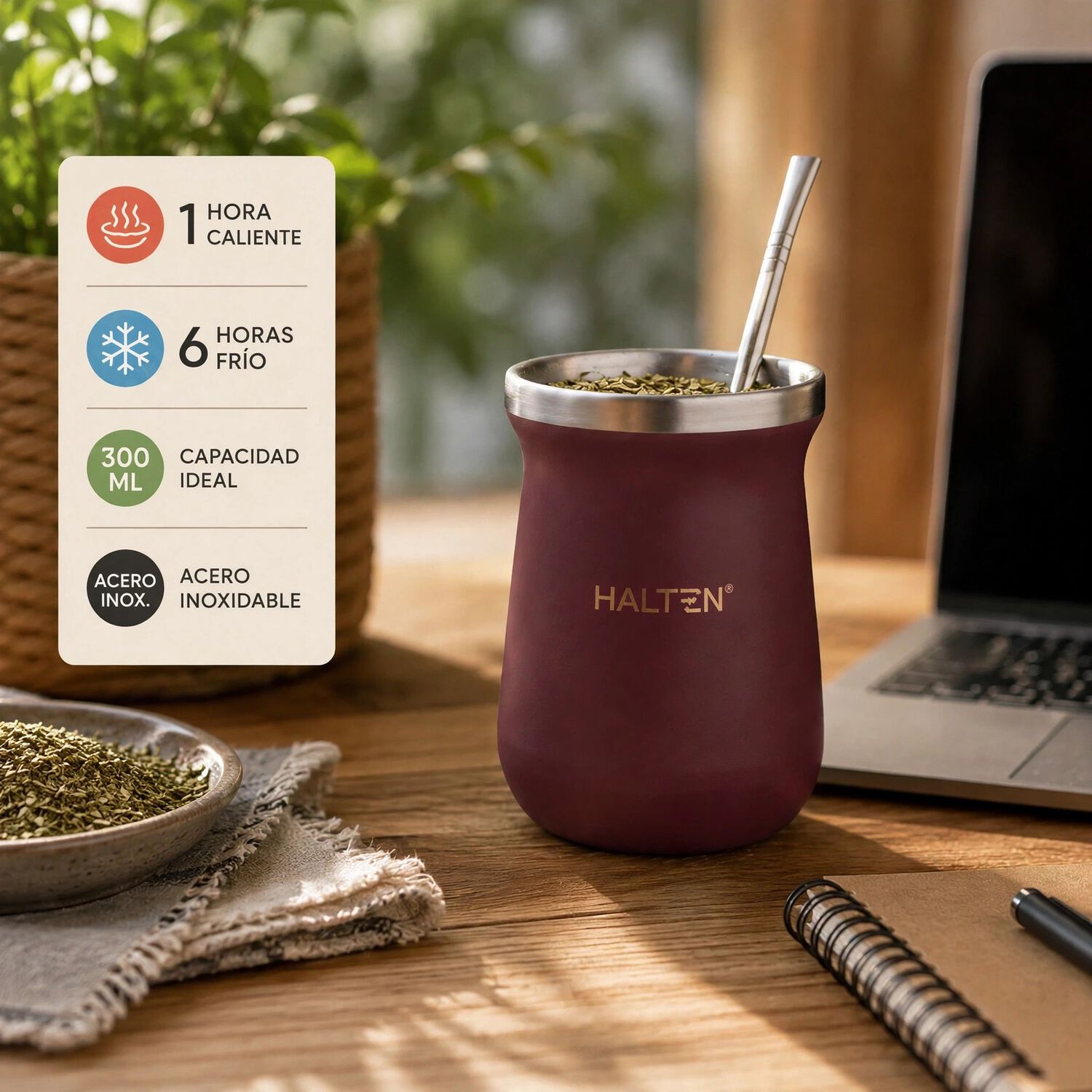Mate T&eacute;rmico De Acero Inoxidable 300 Ml Con Bombilla Conserva Calor 1 Hora Y Fr&iacute;o 6 Horas Color Burdeo image number 3.0