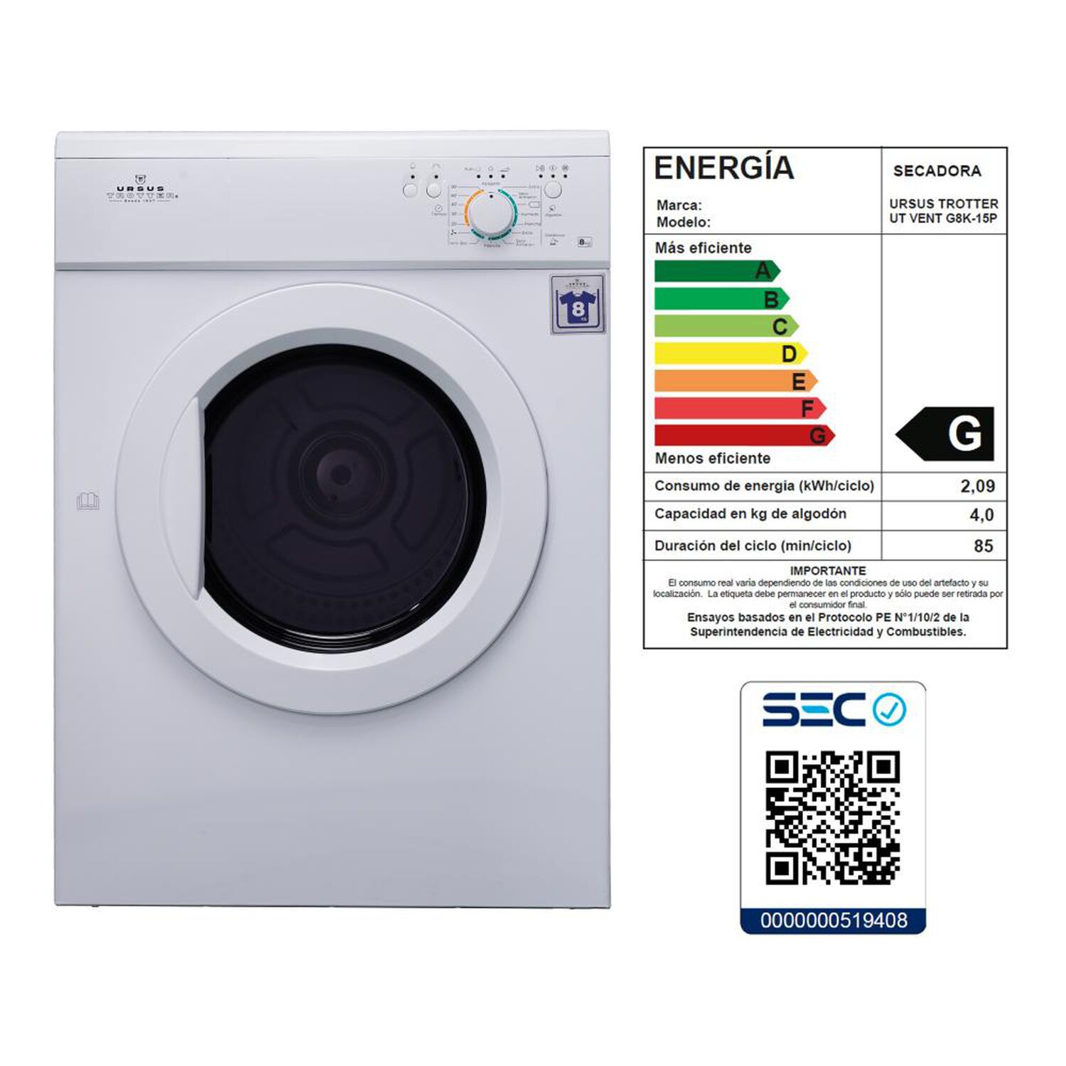 Secadora Ursus Trotter Secadora De Ropa UT VENT G8K-15P / 8 Kg image number 5.0