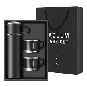 Termo Acero Inox 500ml 3 Tazas Aisladas Caliente Fr&iacute;o Negro