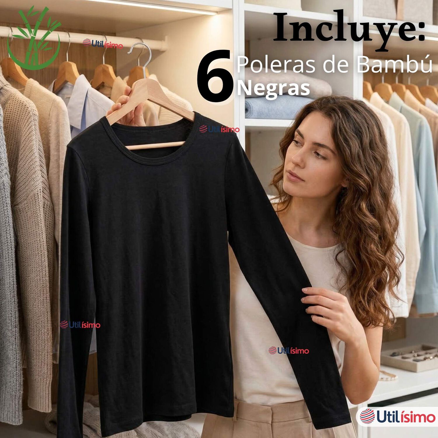 Pack 6 Camisetas Poleras Bamb&uacute; Primera Capa Negro Manga Larga Mujer image number 1.0