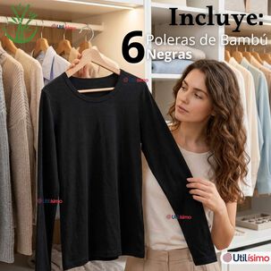 Pack 6 Camisetas Poleras Bamb&uacute; Primera Capa Negro Manga Larga Mujer