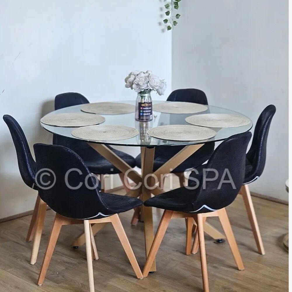 Comedor Warwick 120cm + 6 Sillas Capitonne Ecocuero Vintage Negro image number 0.0