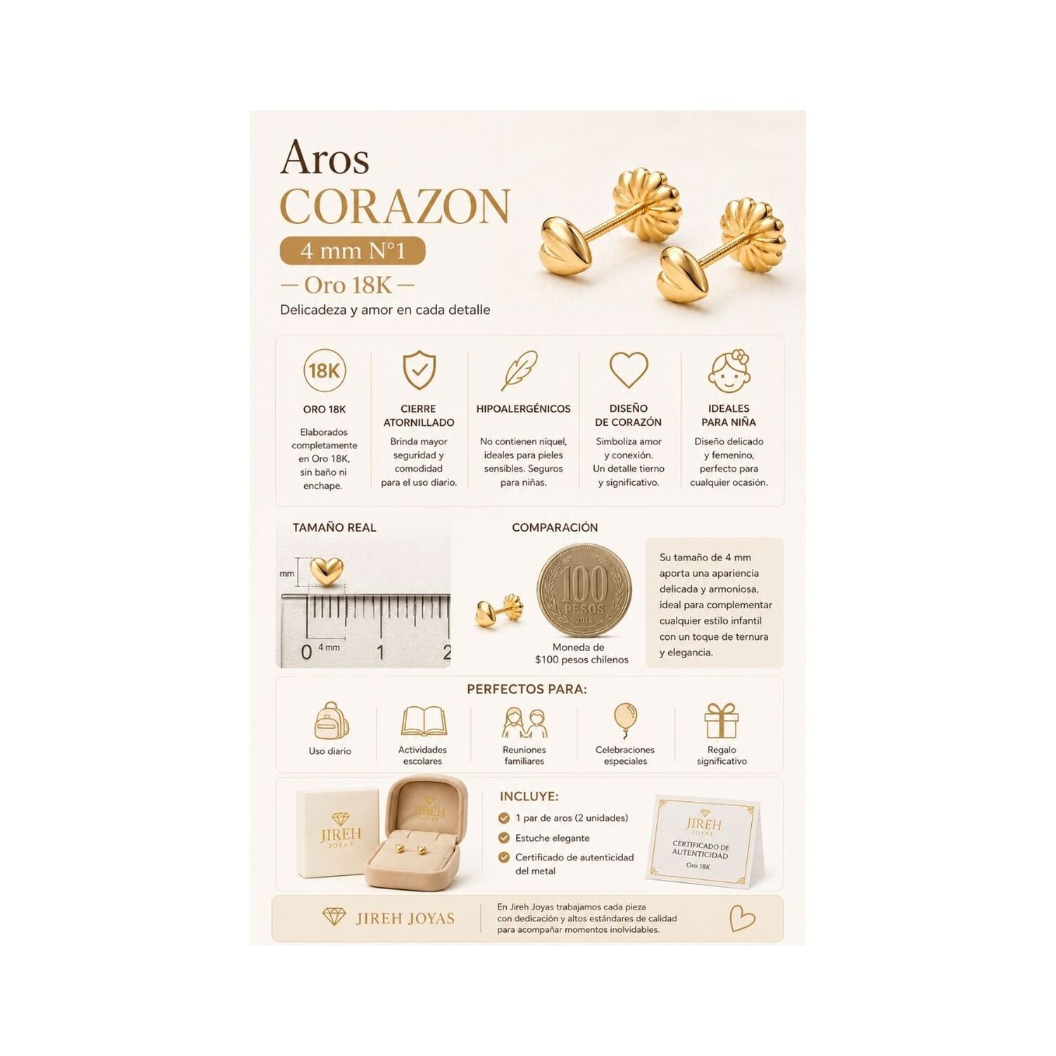 Aros Coraz&oacute;n Oro 18k 4 Mm N1 Atornillados 0.50gr Ni&ntilde;a Dorado image number 5.0