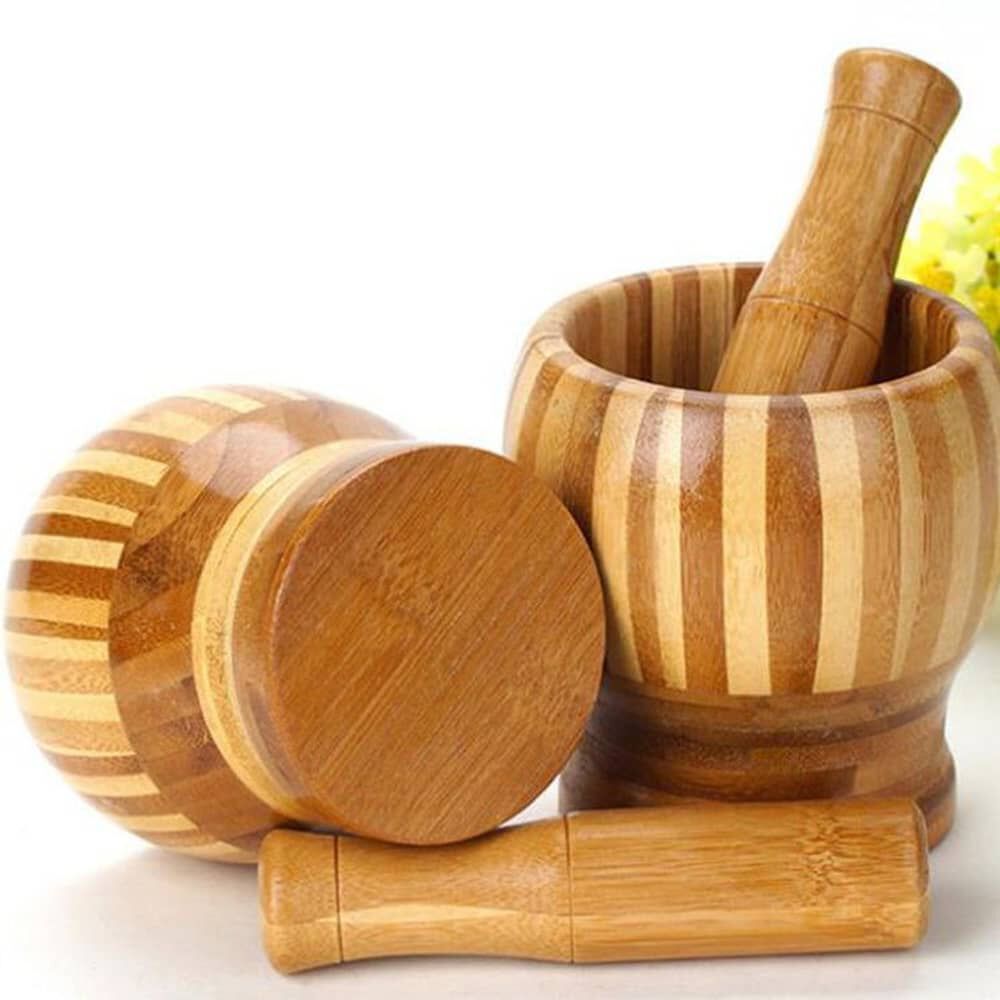Mortero De Bamb&uacute; Molinillo Manual Especias Ajo image number 5.0