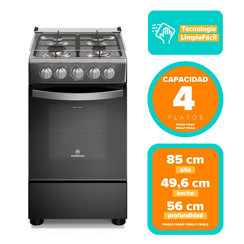 Cocina A Gas 4 Platos Limpiaf&aacute;cil Y Tapa Vidrio Fm4lp Negra image number 1.0