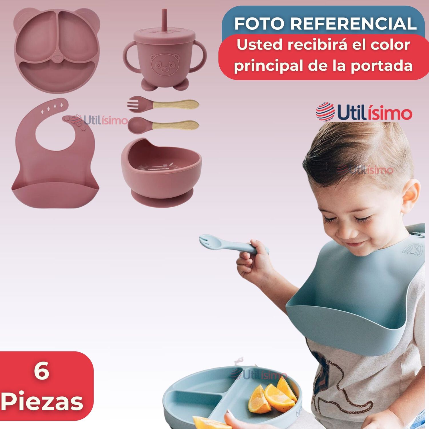 Set De Alimentaci&oacute;n Beb&eacute; Silicona De Oso 6 Piezas Libre Bpa Color Rosa Oscuro image number 5.0