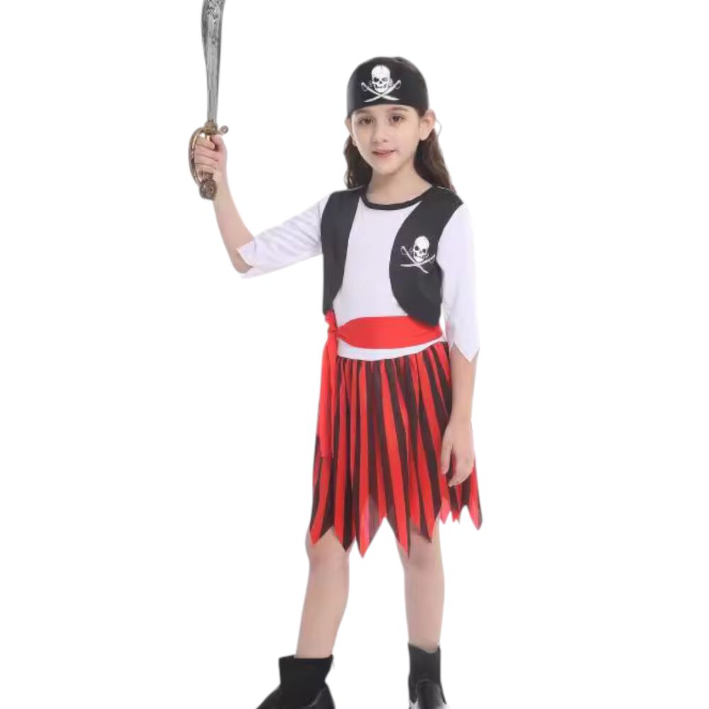 Disfraz Infantil Pirata Para Niña Chile - Traje Completo Con Falda Roja, Blusa Blanca Y Chaleco Negro image number 3.0