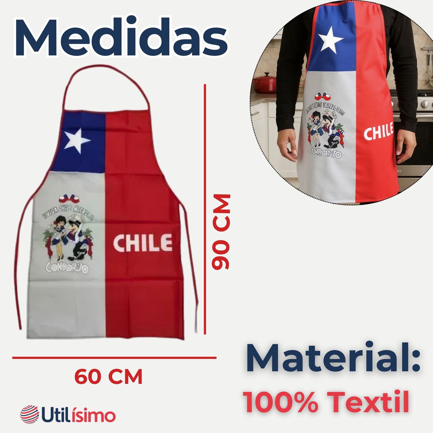 Delantal Cocina Fiestas Patrias Bandera Chilena 60x90 Cm Condorito image number 1.0