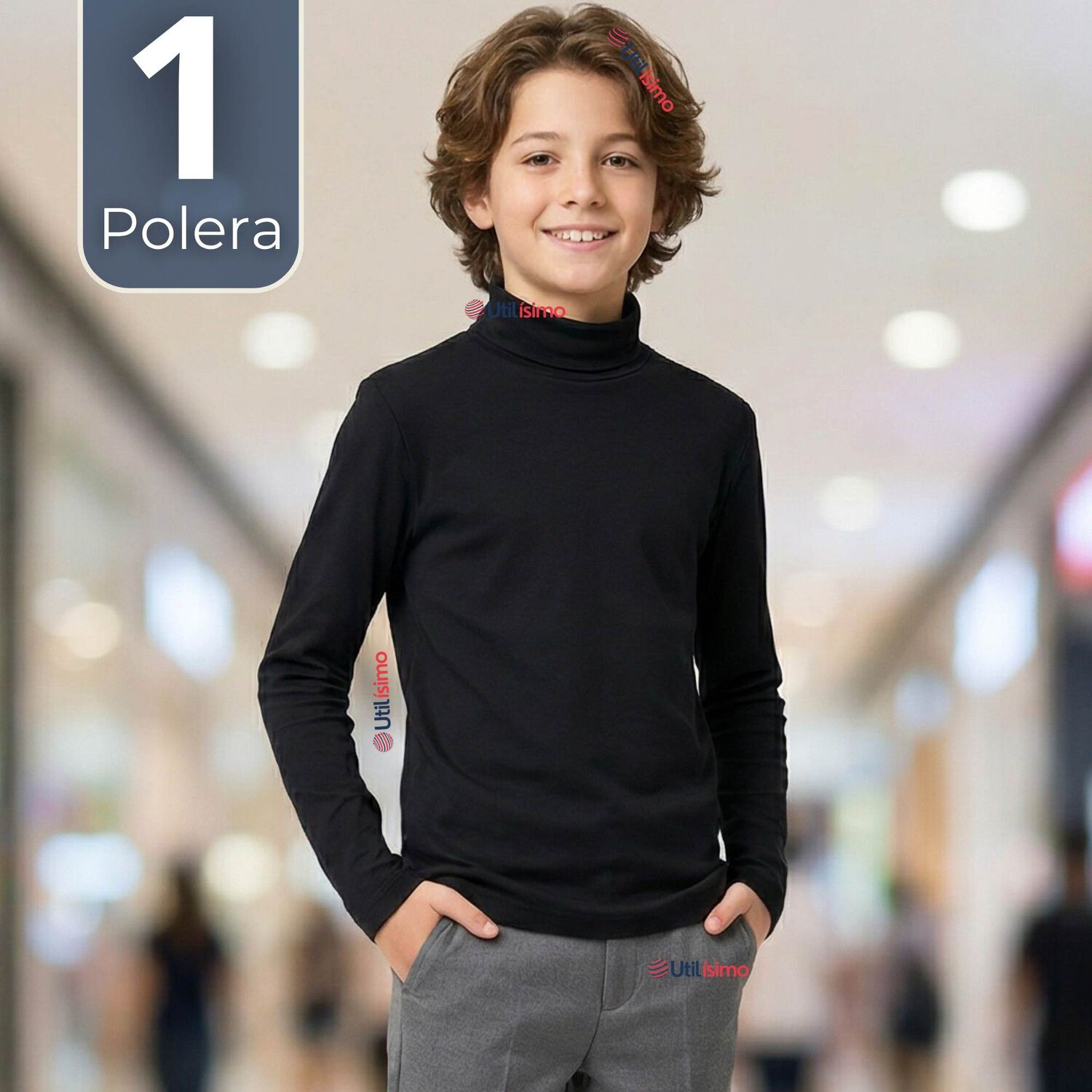 Polera Camiseta Polar Negra Primera Capa Beatle Manga Larga Ni&ntilde;o image number 0.0