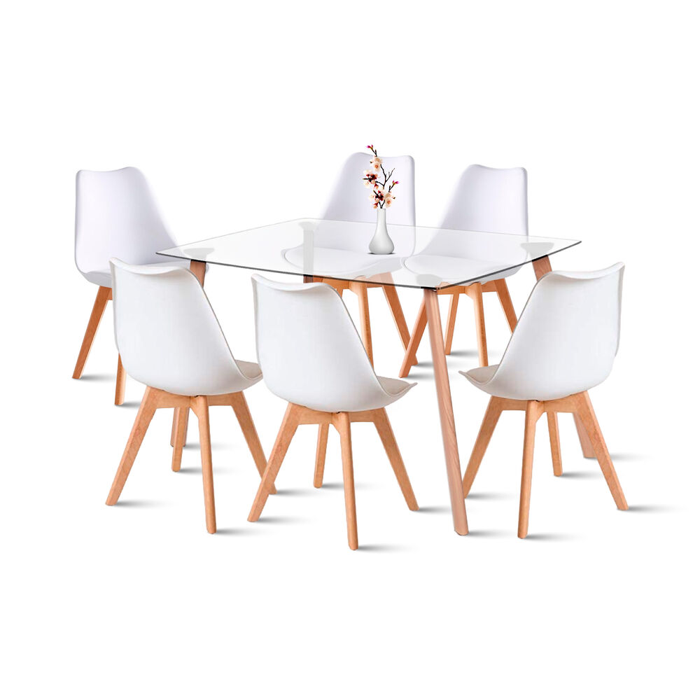 Comedor Mesa De Vidrio Nórdica 140x90 Cm + 6 Sillas Tulip Blancas image number 0.0