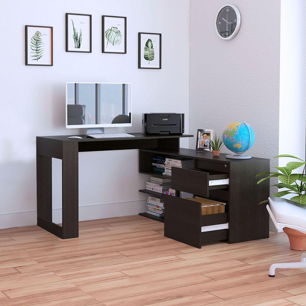 Escritorio En L 2 Cajones Y Estantes Fm-031n Negro image number 6.0