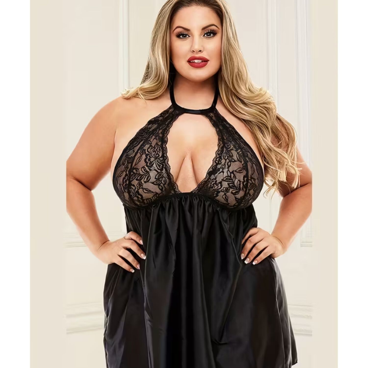 Lenceria Babydoll Encaje En Pechos Saten Tallas Grandes Sexy image number 7.0