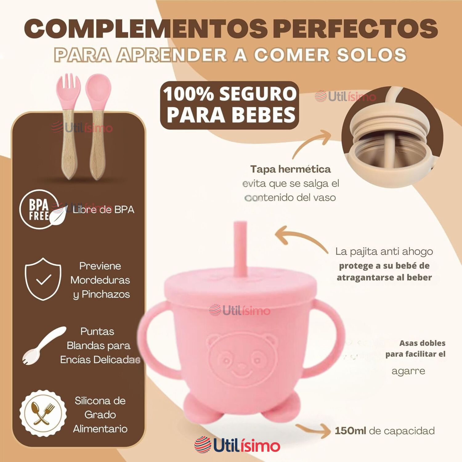 Set De Alimentaci&oacute;n Beb&eacute; Silicona Con Vaso 5 Piezas Libre Bpa Color Rosa Claro image number 9.0