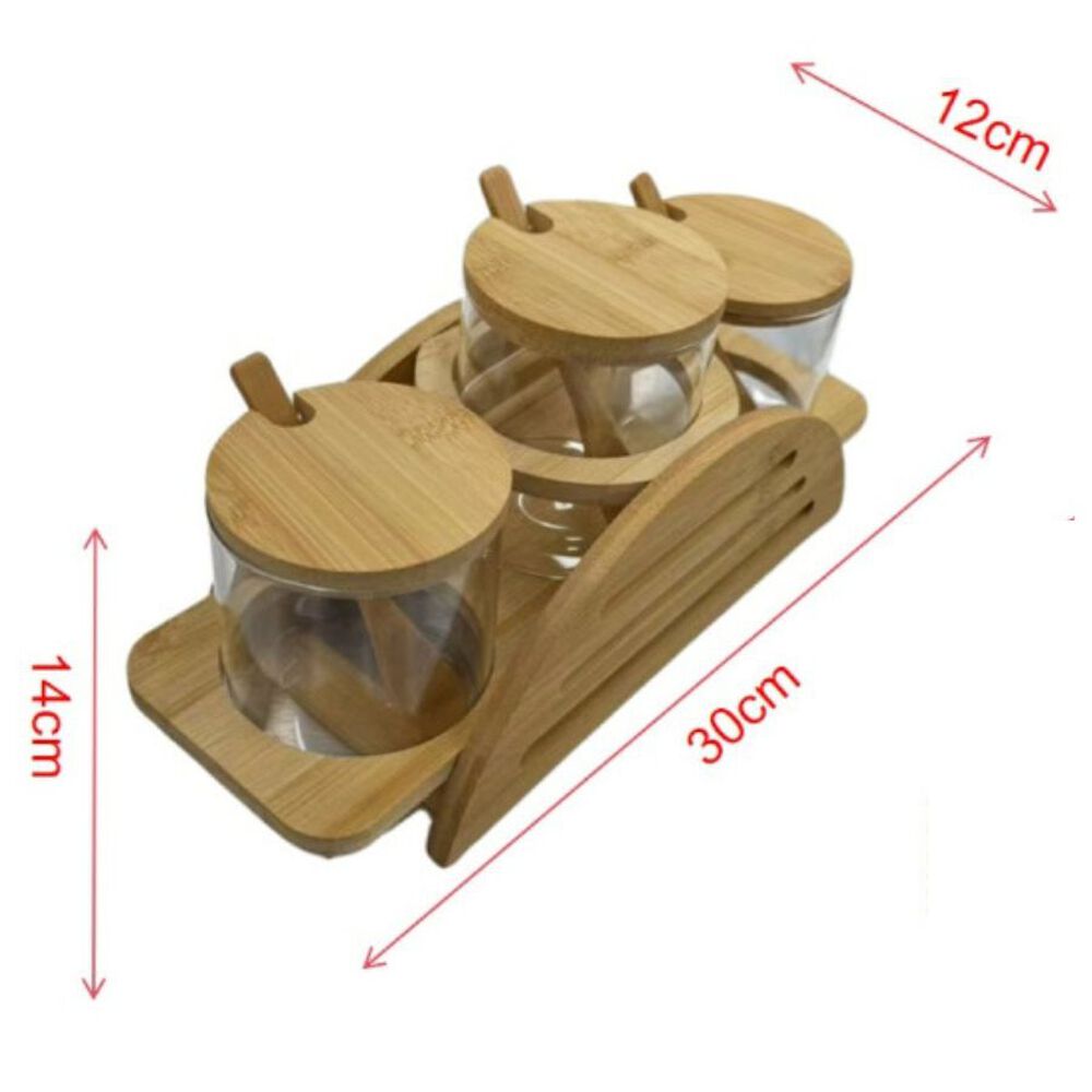 Set 3 Frascos Para Condimentos Vidrio Tapa Bambu Con Soporte image number 3.0
