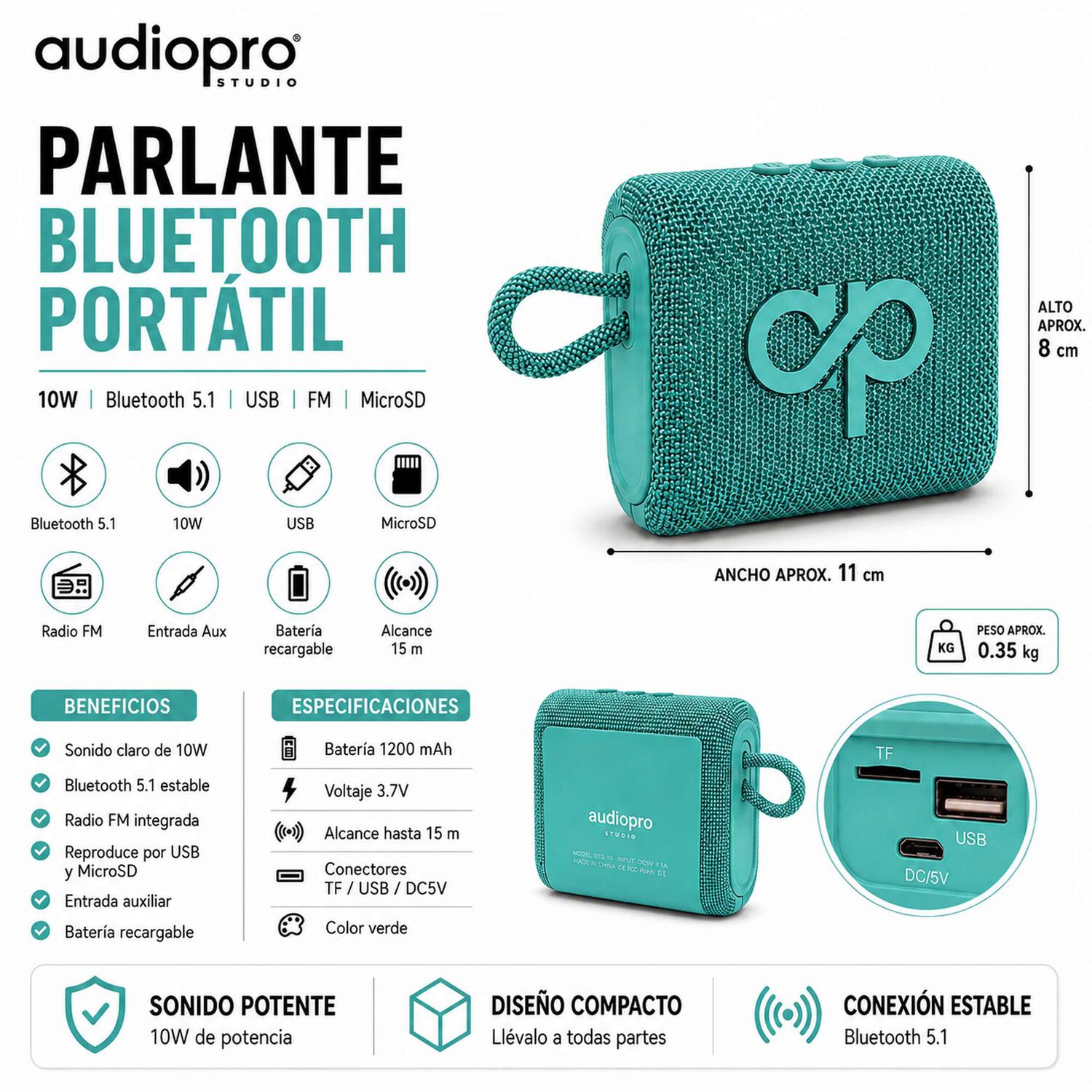 Parlante Port&aacute;til Bluetooth Sound Go 10w Usb-fm-microsd Verde image number 8.0