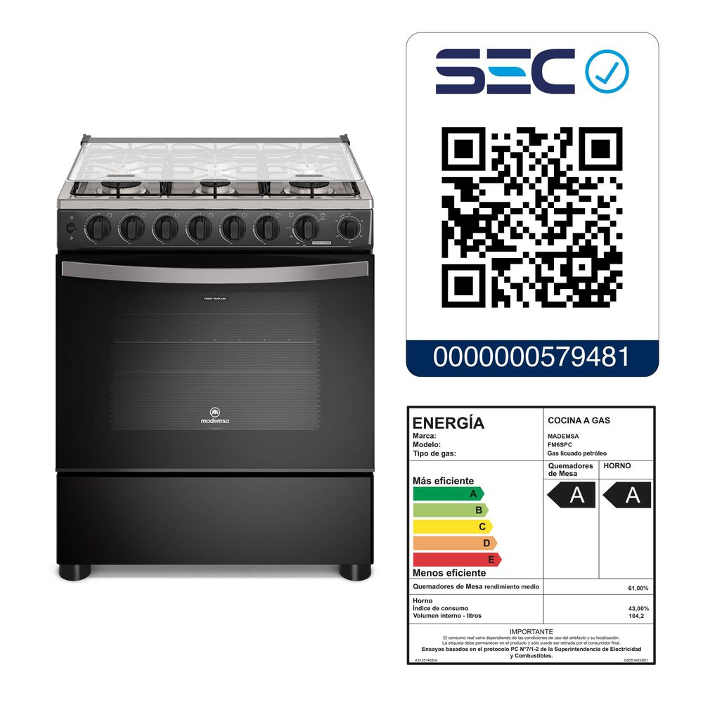 Cocina A Gas 6 Platos Horno Vapor Y Parrilla Pletina Fm6spc Negra image number 1.0
