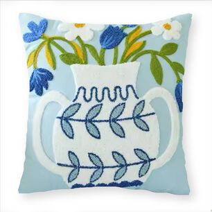 Cojin Bordado 45x45 Cm Florero Celeste