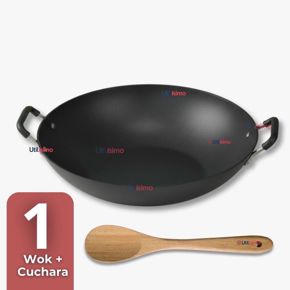 Wok Chino Acero Inoxidable Antiadherente 34cm+ Cuchara De Madera De Bambú image number 0.0