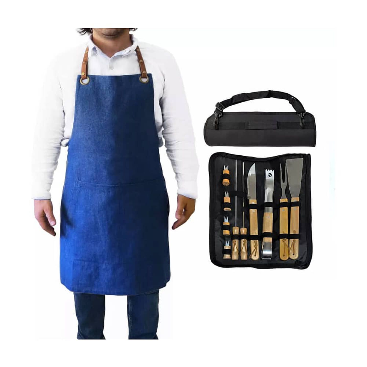 Pack Set Asado Parrilla 10 Uds + Pechera Jeans Asa Eco Cuero image number 0.0