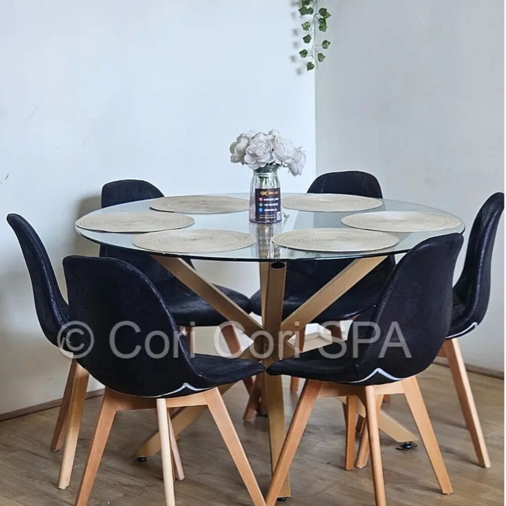 Comedor Warwick 120cm + 6 Sillas Capitonne Ecocuero Vintage Negro image number 1.0