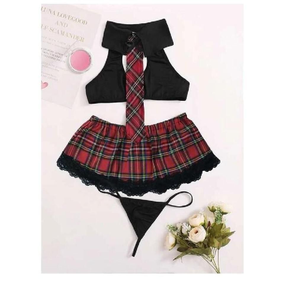 Lenceria Sexy Babydolls Traje De Tartán Con Tanga 2023 image number 2.0