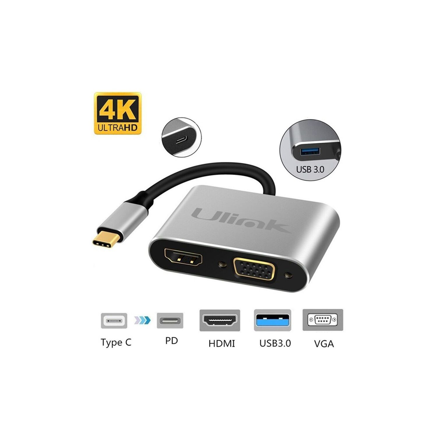 Hub Adaptador 4 En 1 Type-c A Hdmi 4k + Vga + Usb 3.0+ Usb C image number 4.0