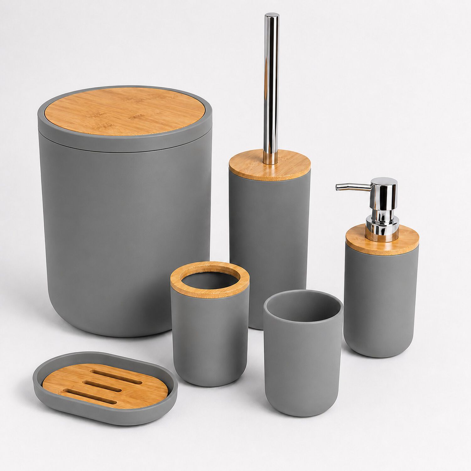 Set De Ba&ntilde;o 6 Piezas Moderno Gris Con Bamb&uacute; Incluye Basurero Y Dispensador image number 2.0