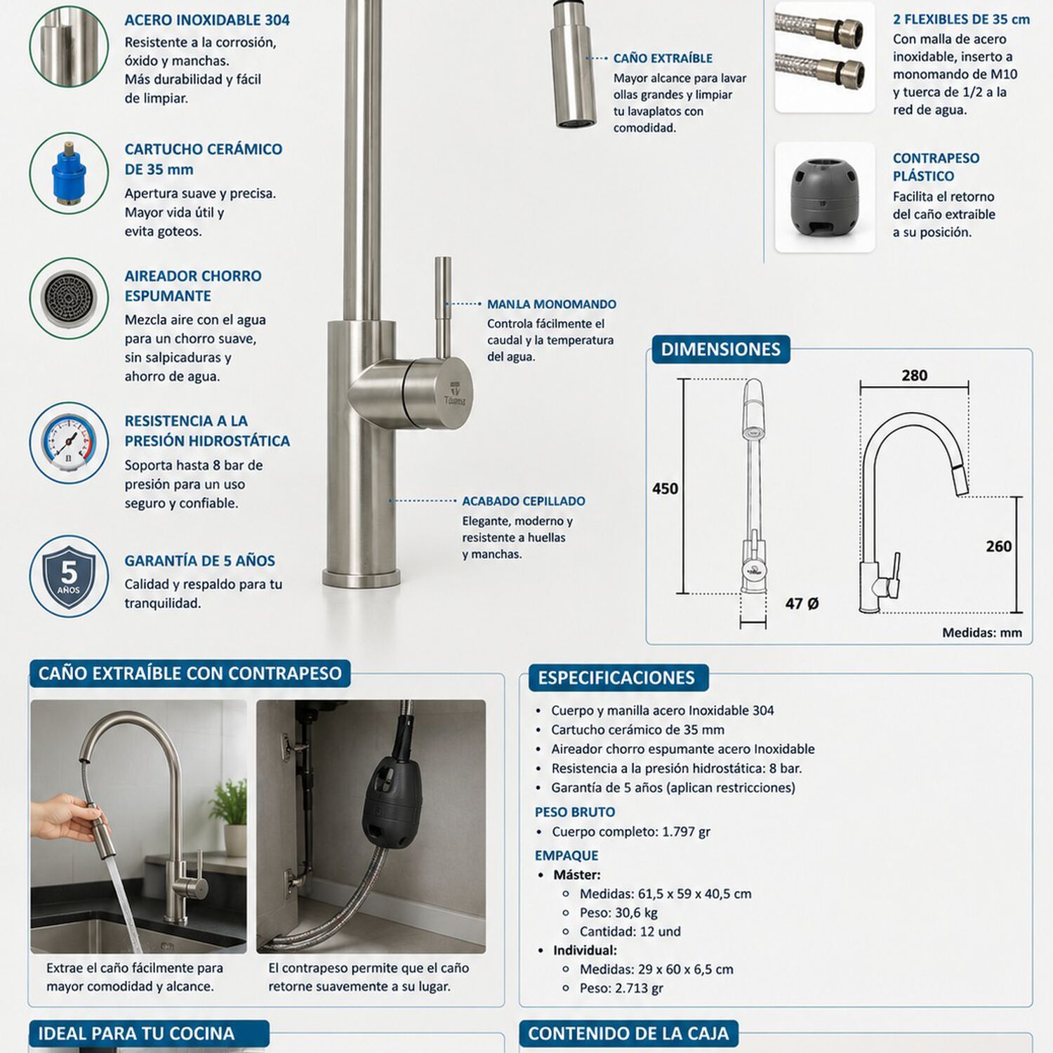 Monomando Llave Grifo Extraible Para Lavaplatos Modelo Modern Inox Marca Taumm Color Acero Inox image number 1.0