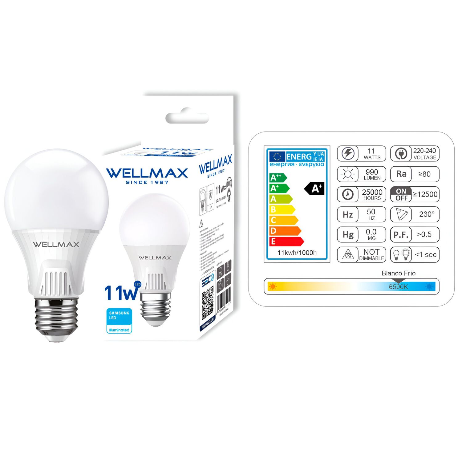 Ampolleta Led Wellmax E-27 11w Luz Fr&iacute;a 1050lm Led Samsung image number 2.0