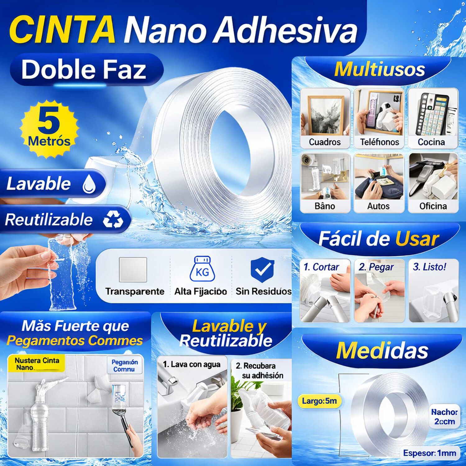 Cinta Nano Adhesiva Doble Cara Lavable Reutilizable 5m image number 6.0