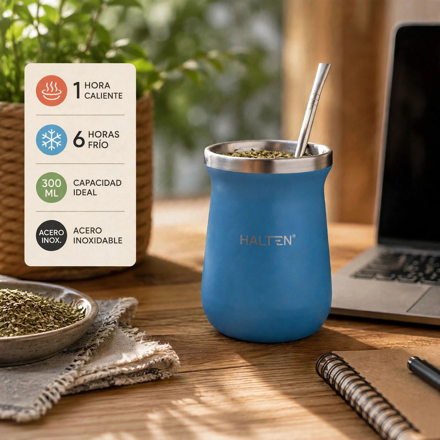 Mate T&eacute;rmico De Acero Inoxidable 300 Ml Con Bombilla Conserva Calor 1 Hora Y Fr&iacute;o 6 Horas Color Azul image number 4.0