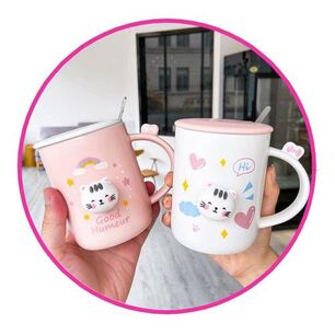 Taz&oacute;n Gatito 3d Kawaii Con Tapa Y Cuchara