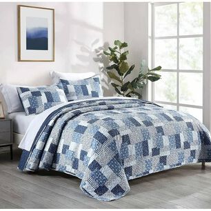 Cubrecama Quilt Reversible 264x228cm King + 2 Funda Almohada Azul Blanco