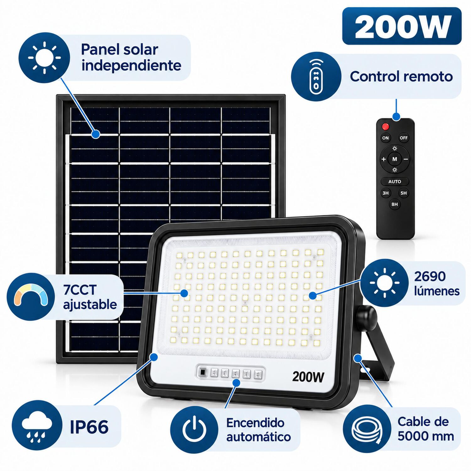 Proyector Led 200w Ip68 Con Panel Solar Independiente + Cable 5mt image number 5.0