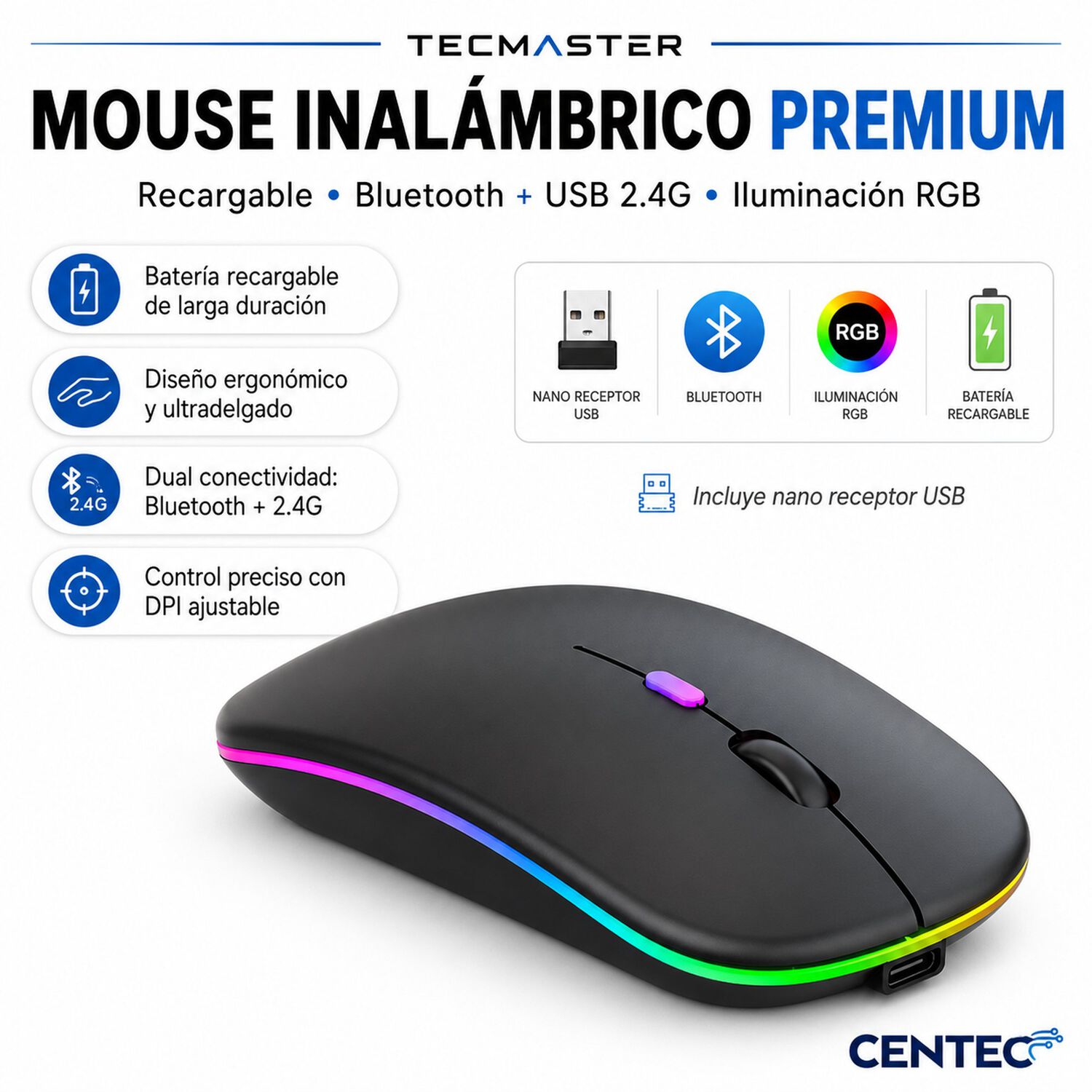 Mouse Inal&aacute;mbrico Dual Bluetooth + Usb 2g Recargable Rgb Bk image number 5.0