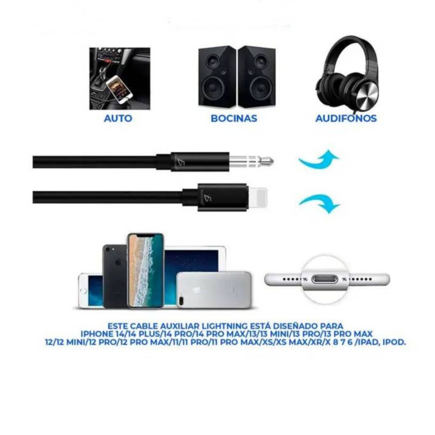 Cable Audio Lightning A Jack 3,5 Mm Auxiliar Negro Iphone image number 3.0