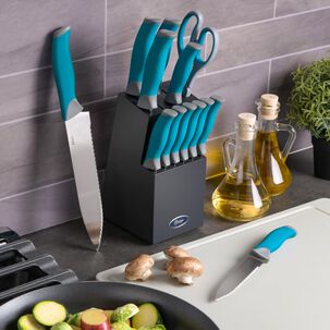 Set Cuchillos Acero Inoxidable Lindbergh 14 Pcs Mango Azul Y Taco De Madera Negro