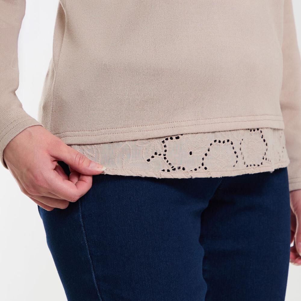 Sweater Liso Aplicación Broderie En Cintura Cuello Redondo Mujer Geeps image number 4.0