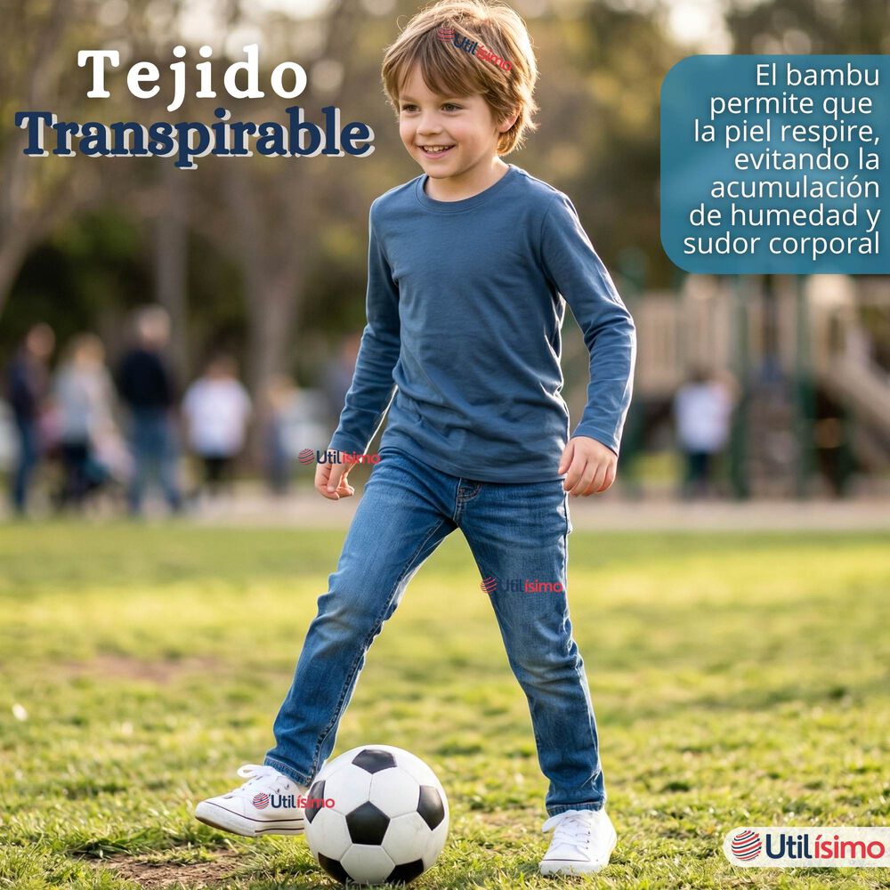 Polera Camiseta Bamb&uacute; Azul Claro Cuello Redondo Primera Capa Manga Larga Ni&ntilde;o image number 7.0