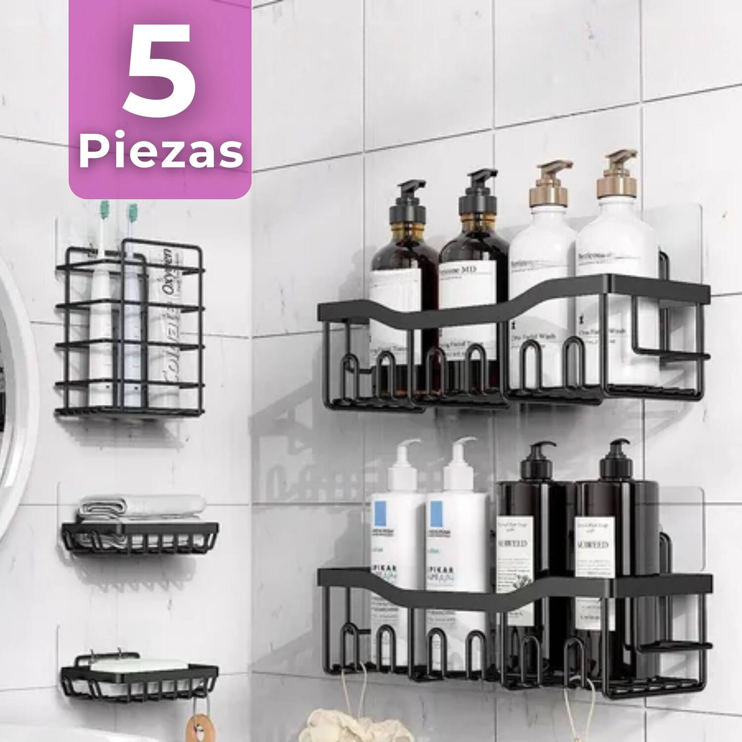 Set Organizador De Ducha 5 Piezas Acero Inoxidable Instalaci&oacute;n Adhesiva image number 0.0