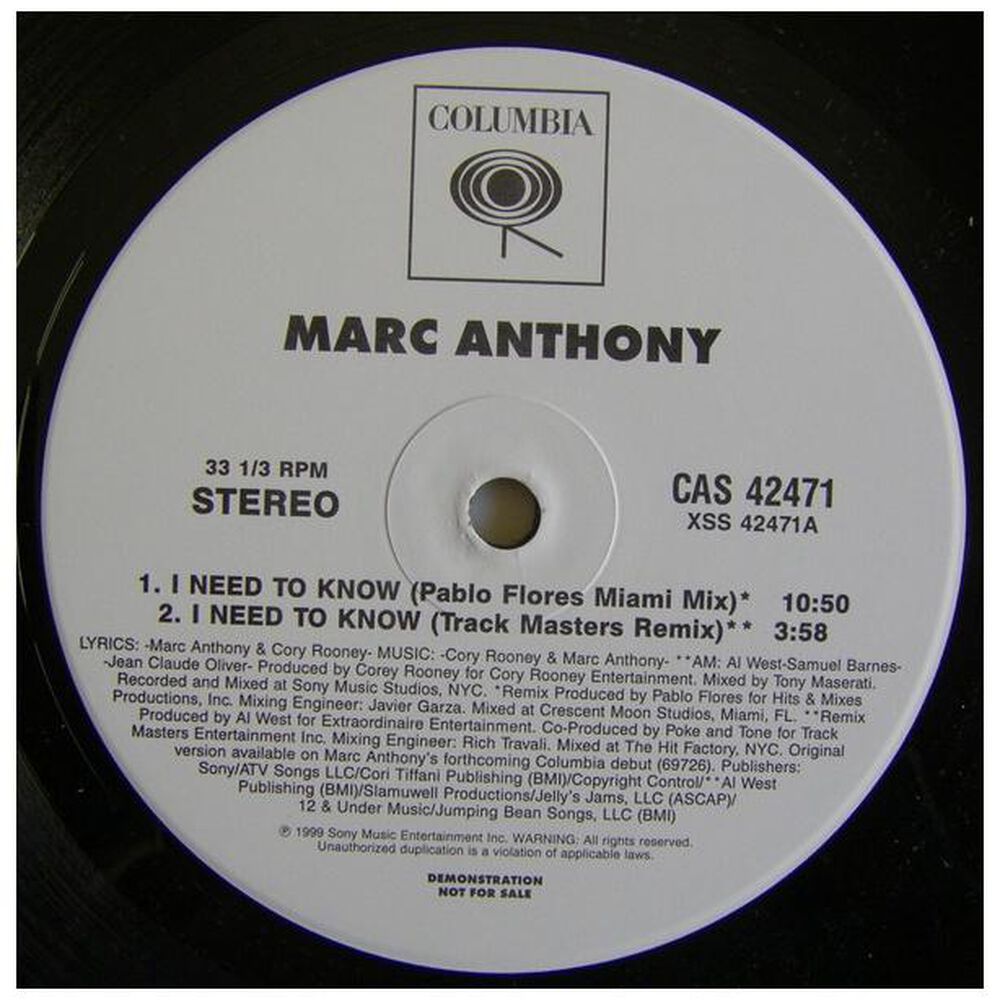 Marc Anthony - I Need To Know (promo) | 12" Maxi Single Usado image number 1.0